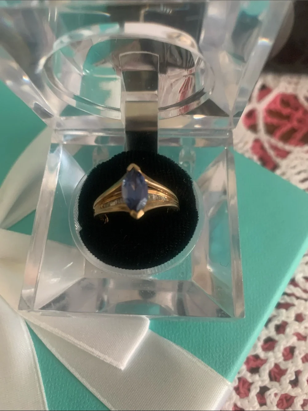Vintage solid white and yellow gold channel diamonds and sapphire ring